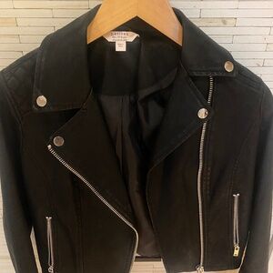 Miss Selfridge Leather faux leather biker jacket in black